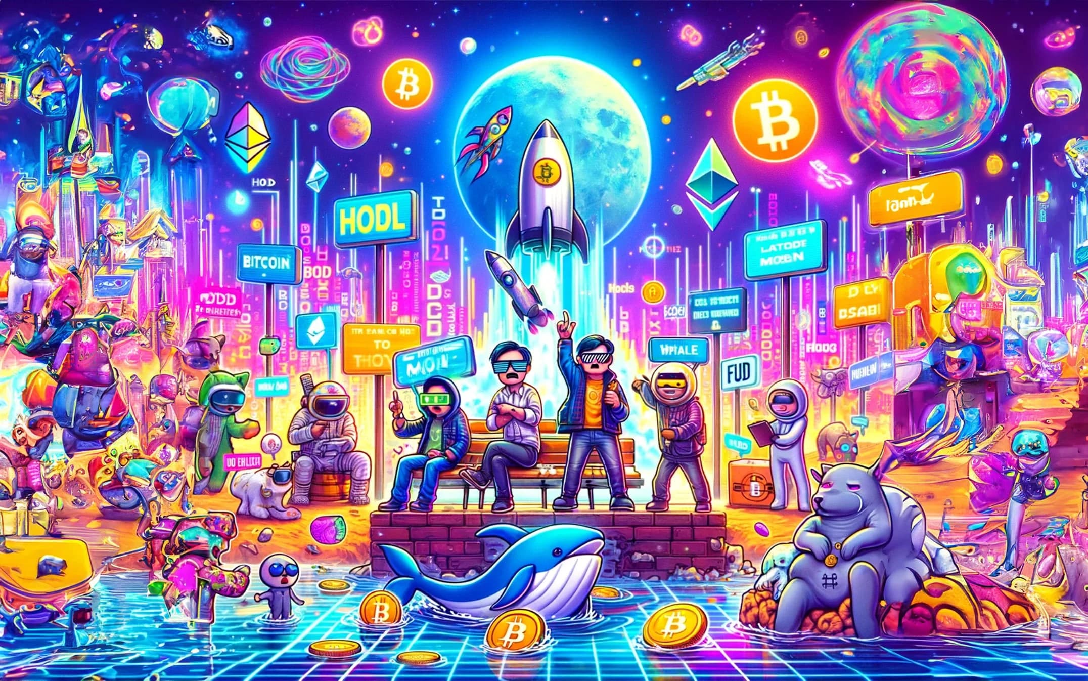 A vibrant, colorful illustration featuring a futuristic cityscape with neon lights and cryptocurrency symbols. Characters in futuristic outfits display signs with crypto terms like 'HODL' and 'FUD' amid sci-fi elements like rockets, planets, and a digital grid. A whale and cartoonish creatures are immersed in a scene filled with Bitcoin and Ethereum logos, creating a whimsical, energetic atmosphere.