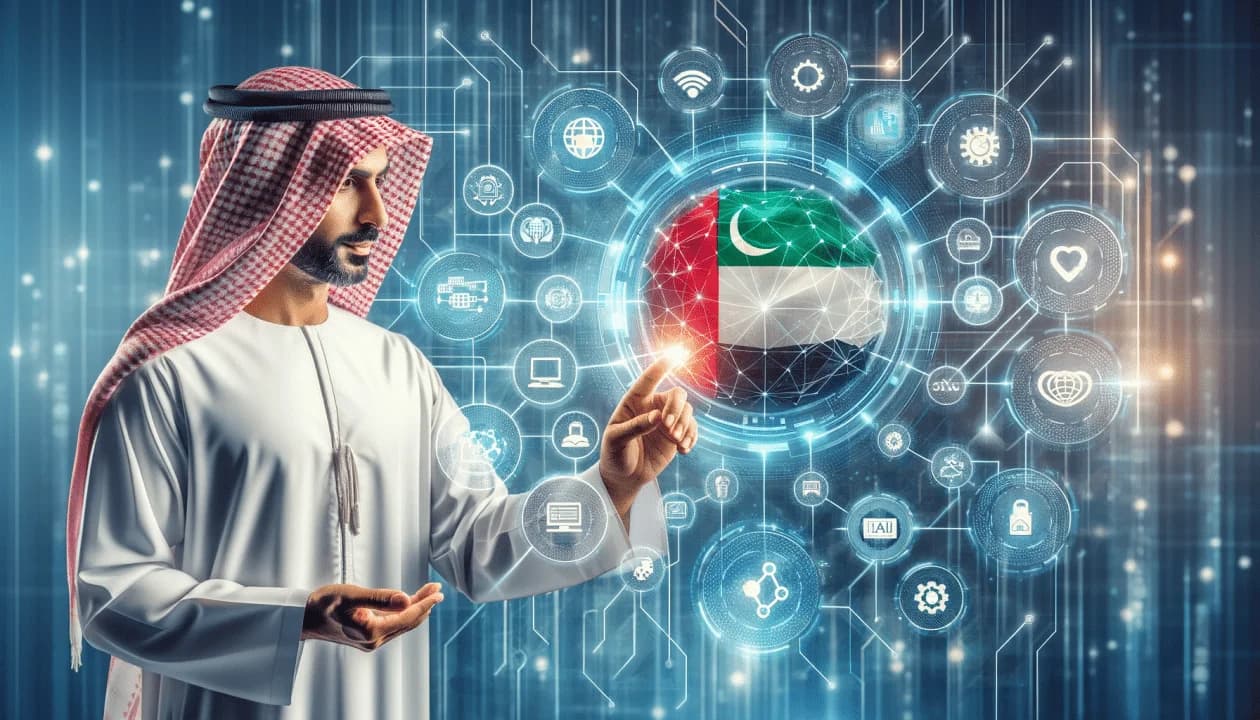 A man in traditional Middle Eastern attire interacts with a digital interface displaying a sphere colored with the UAE flag, surrounded by various technology and internet icons.