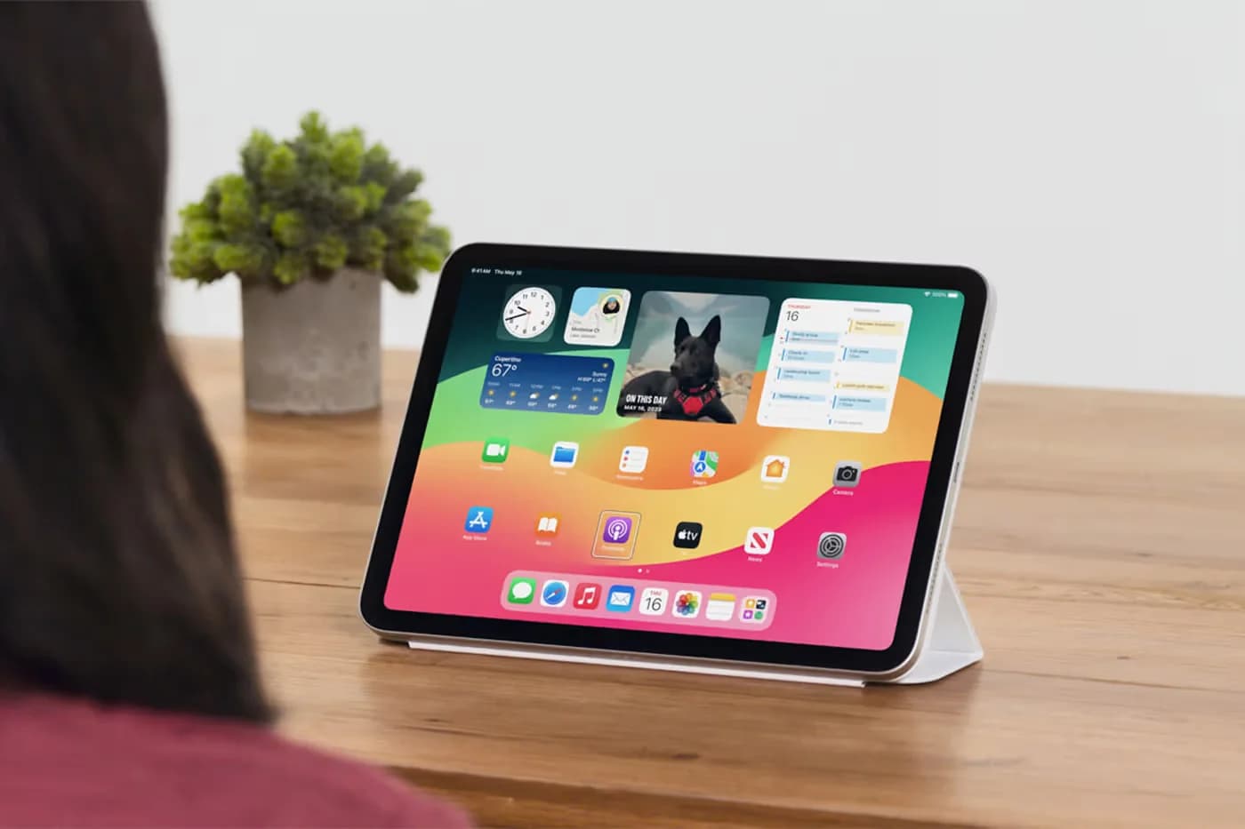 A person sitting at a table viewing a tablet in a stand displaying a colorful home screen with various app icons, widgets, and a photo of a dog, with a small potted plant in the background.