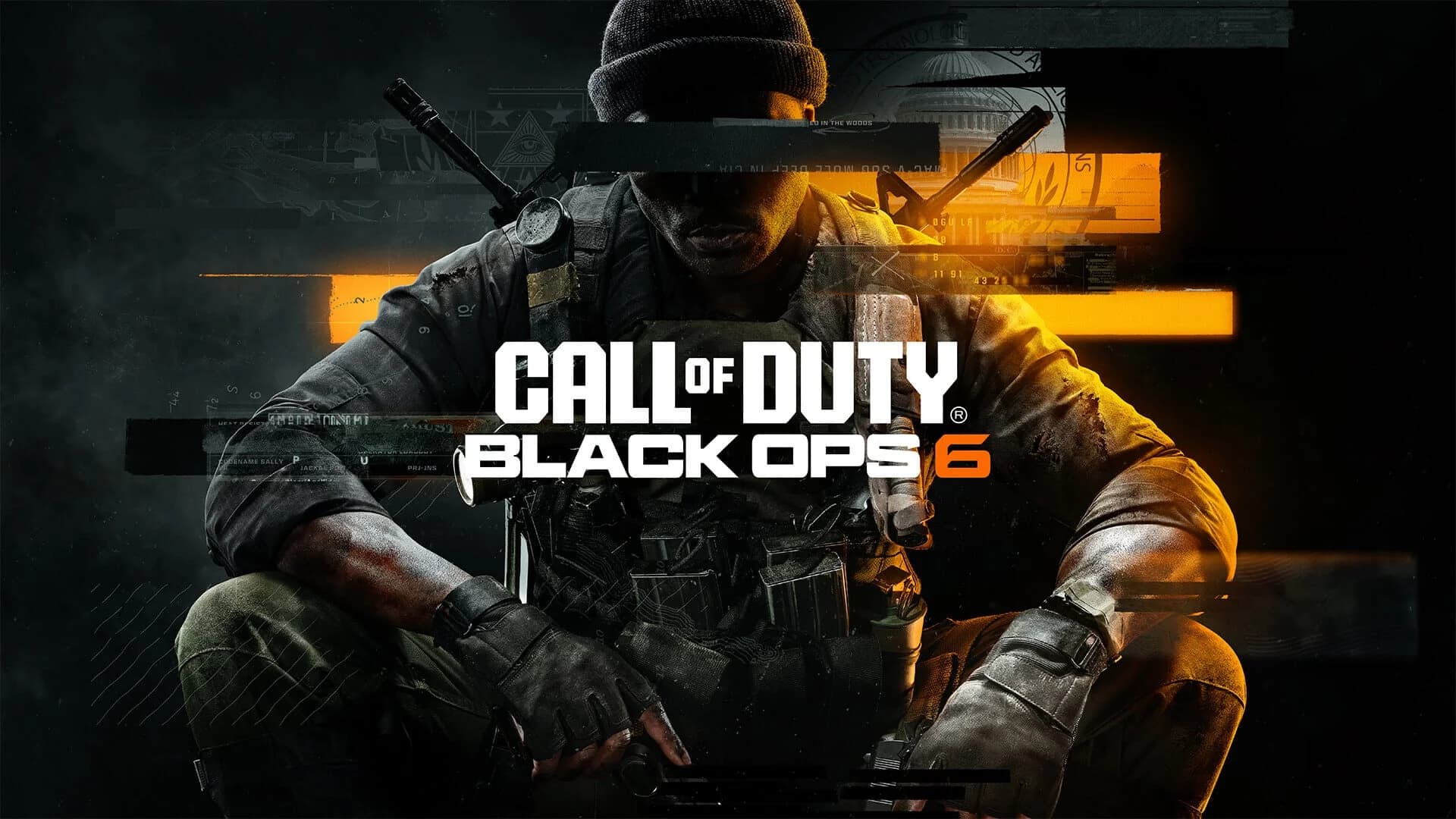 Promotional image for Call of Duty: Black Ops 6 featuring a soldier in tactical gear seated against a dark, fragmented background with bright orange and yellow highlights.