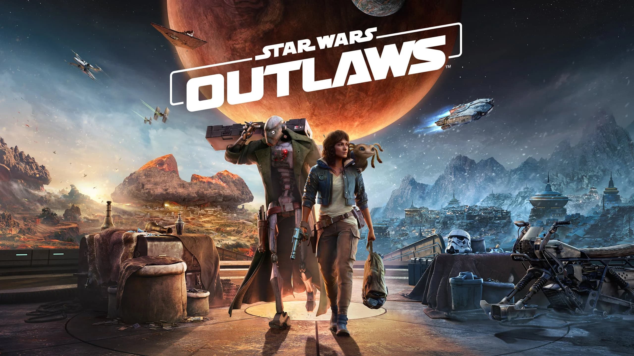 A dynamic scene from 'Star Wars Outlaws' featuring two characters, one carrying a pet, walking on a futuristic platform with a scenic background of rocky landscapes and glowing buildings. Above them, the title 'Star Wars Outlaws' is prominently displayed.