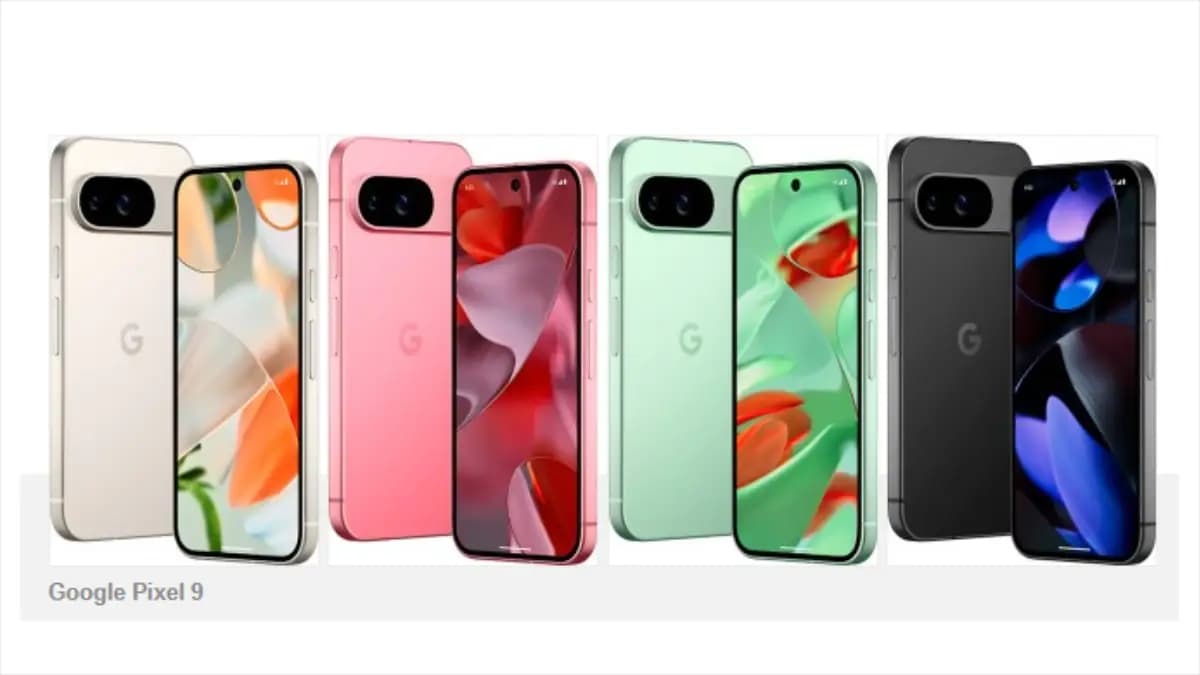 Four Google Pixel 9 smartphones in different colors are displayed side by side, showing front and back views: cream, pink, green, and black, each with a bezel-less screen and a dual-camera module.