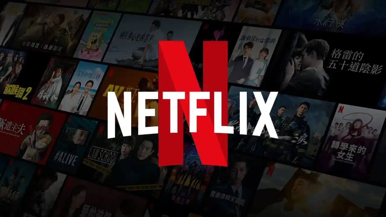 A large, red Netflix logo is centered over a background of various Asian movie and TV show posters.