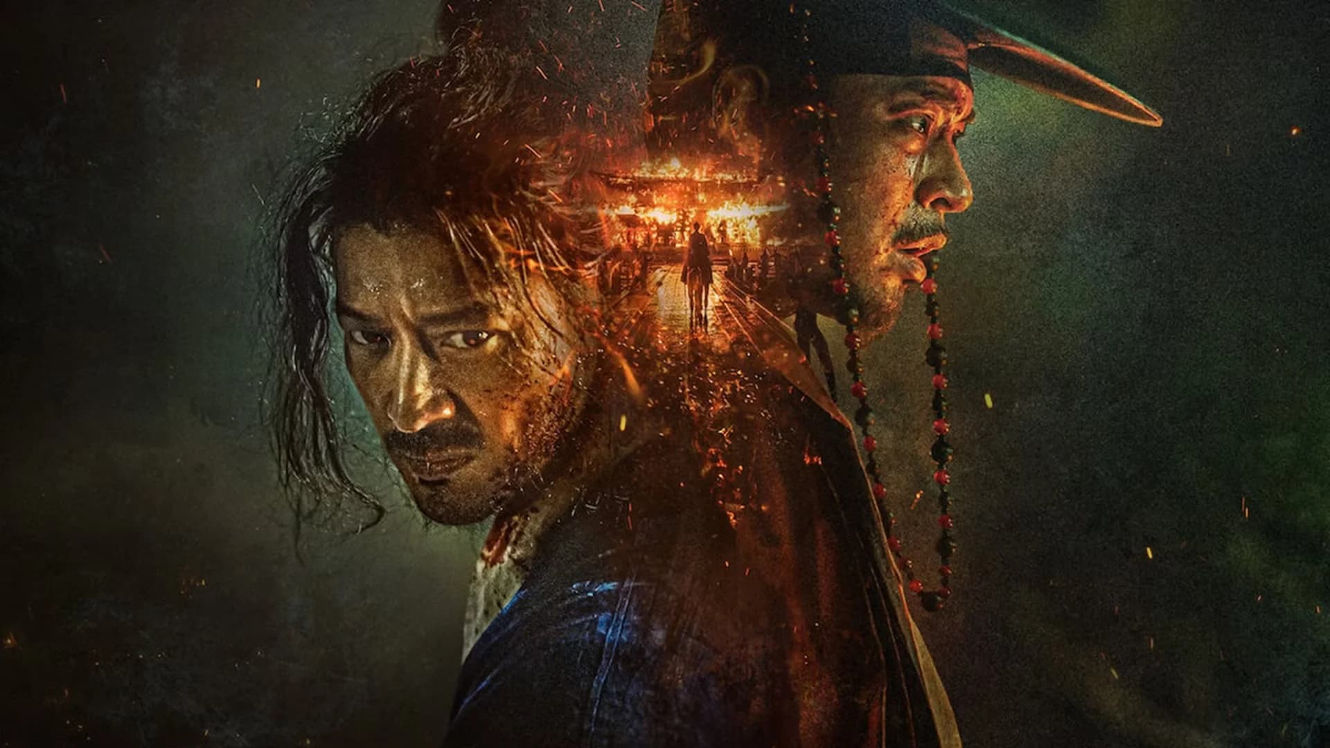 A dramatic image featuring two men with intense expressions, one with long, messy hair and the other wearing a traditional hat, set against a fiery background that suggests conflict and tension.