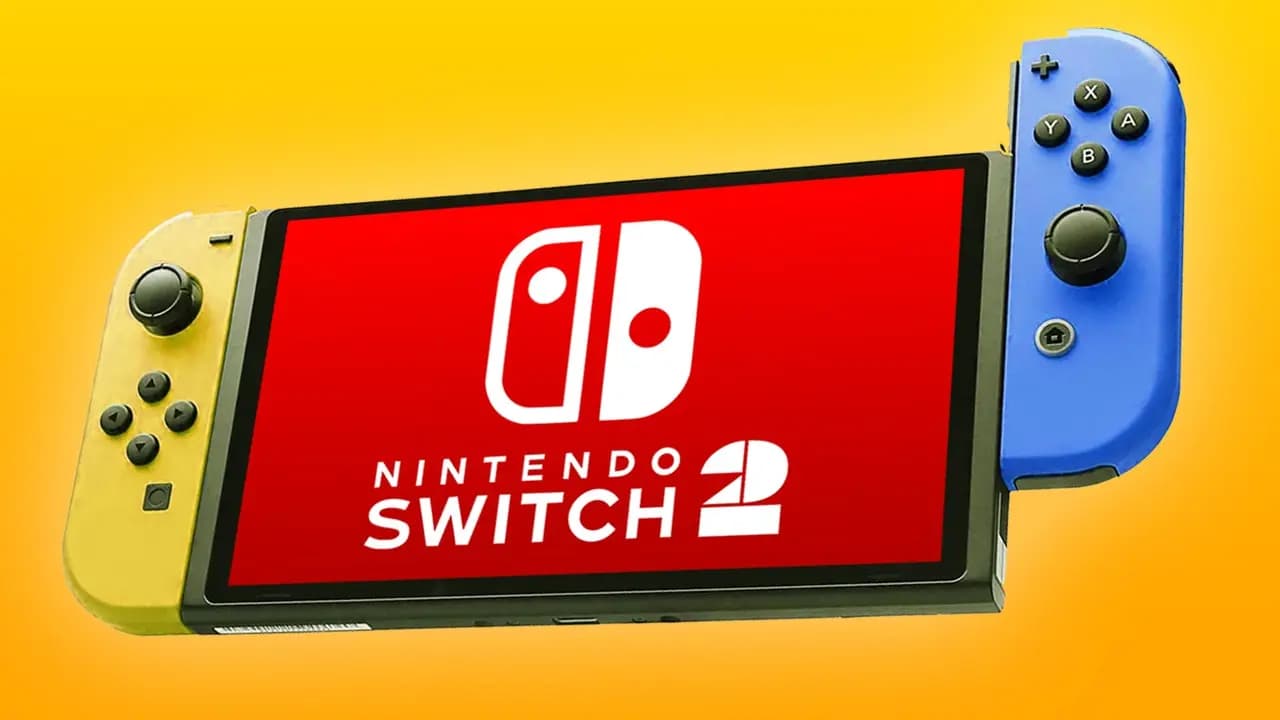 A concept design of a Nintendo Switch 2 console with yellow and blue controllers attached, displayed on a yellow background.