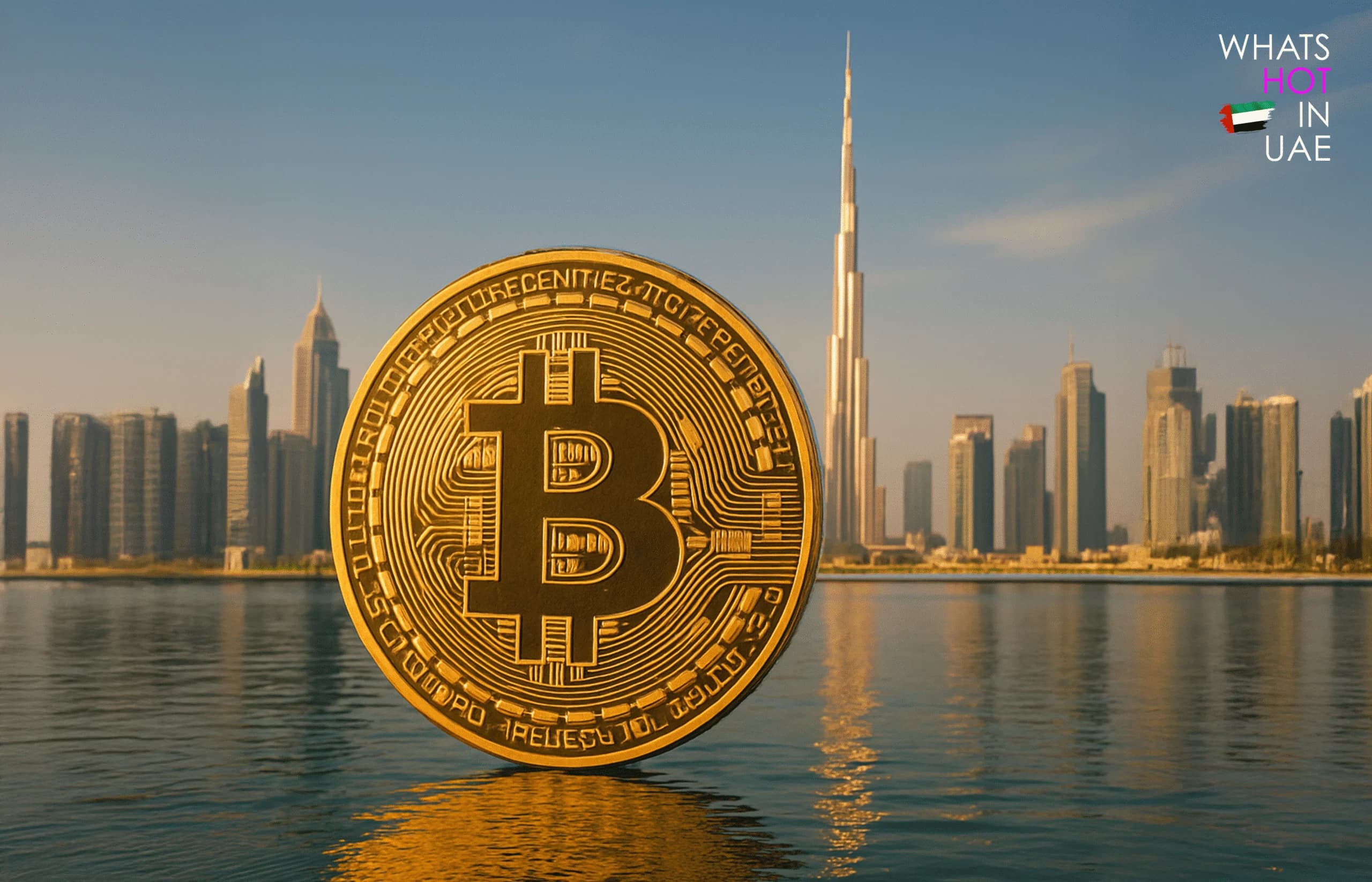 A large Bitcoin symbol appears in the foreground against the backdrop of Dubai's skyline, including the Burj Khalifa, reflecting on a body of water.