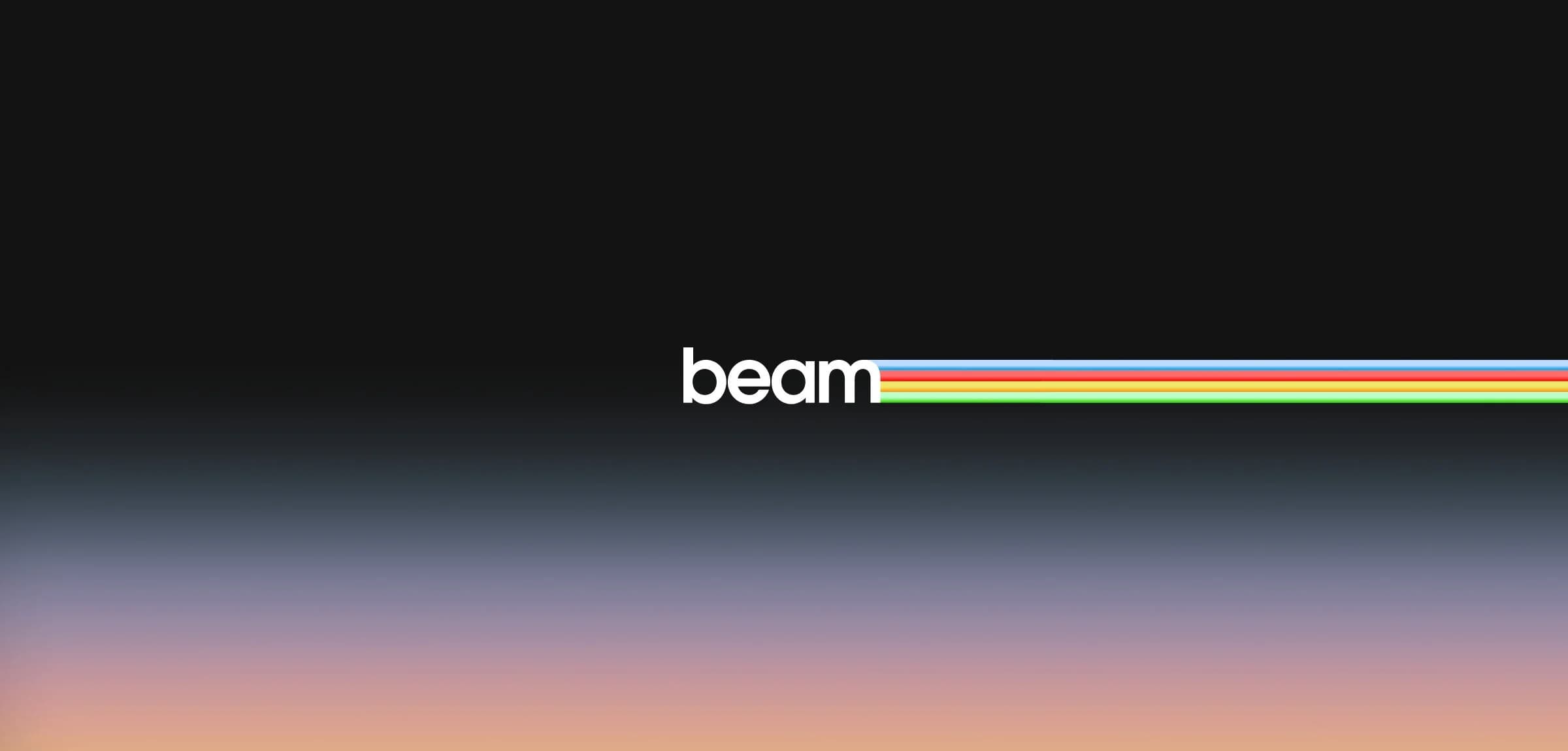A minimalist graphic featuring the word 'beam' in lowercase white letters, positioned towards the right side, accompanied by colorful horizontal stripes of red, yellow, green, blue, and pink extending from the word against a gradient background transitioning from black to shades of purple and peach at the bottom.