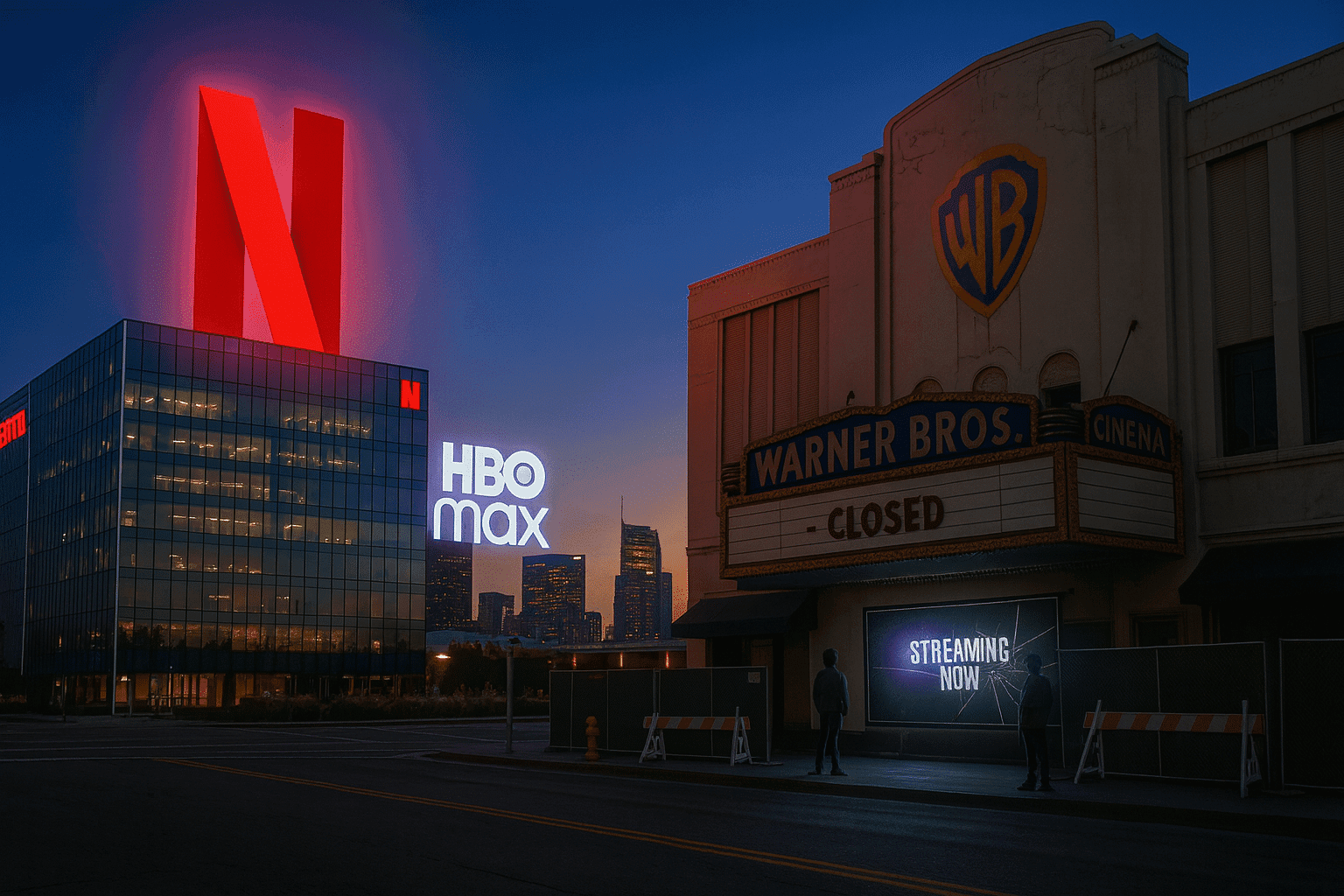 A digital artwork showing a cityscape at dusk with a glowing red Netflix logo on a building and an illuminated HBO Max sign. A nearby Warner Bros. cinema displays a "CLOSED" sign, with a "STREAMING NOW" poster beneath it.