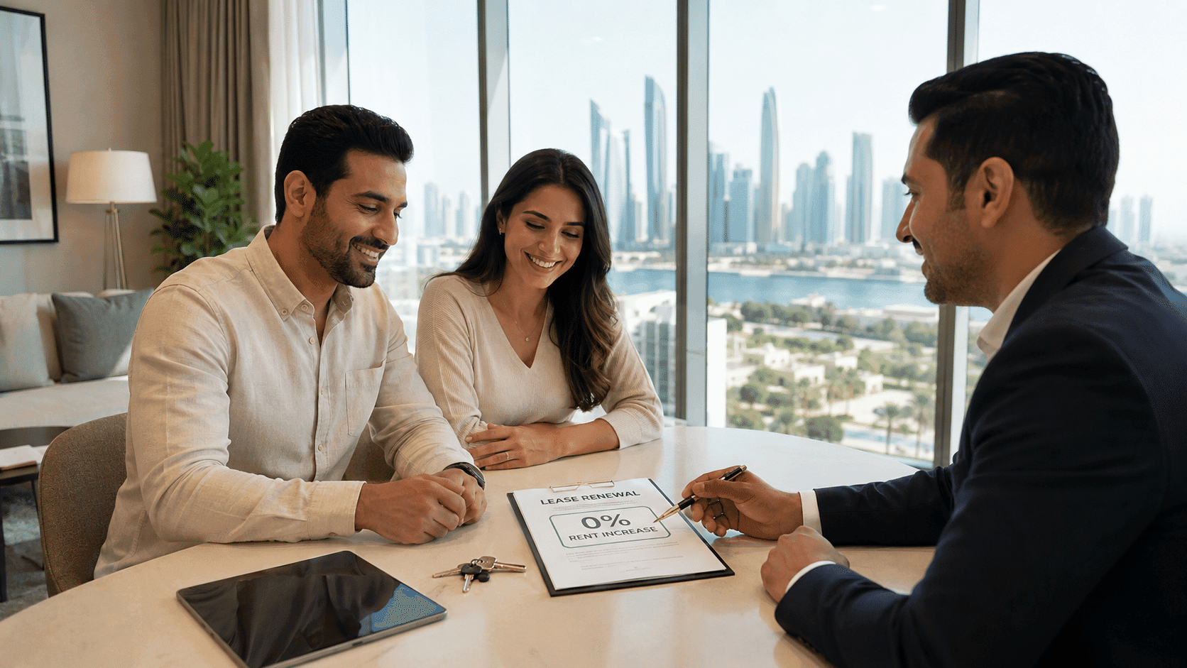 Couple signing a lease renewal with a real estate agent in a high-rise apartment, with 0% rent increase shown on the clipboard