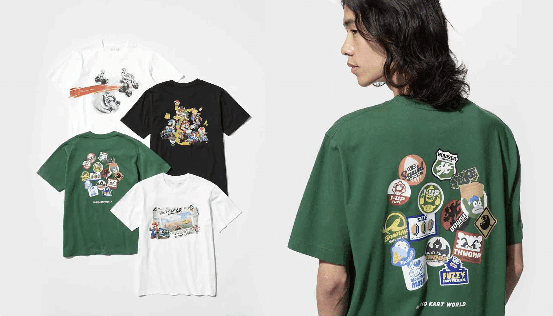Person wearing a green Mario Kart World T-shirt, with four graphic T-shirts displayed on a white background
