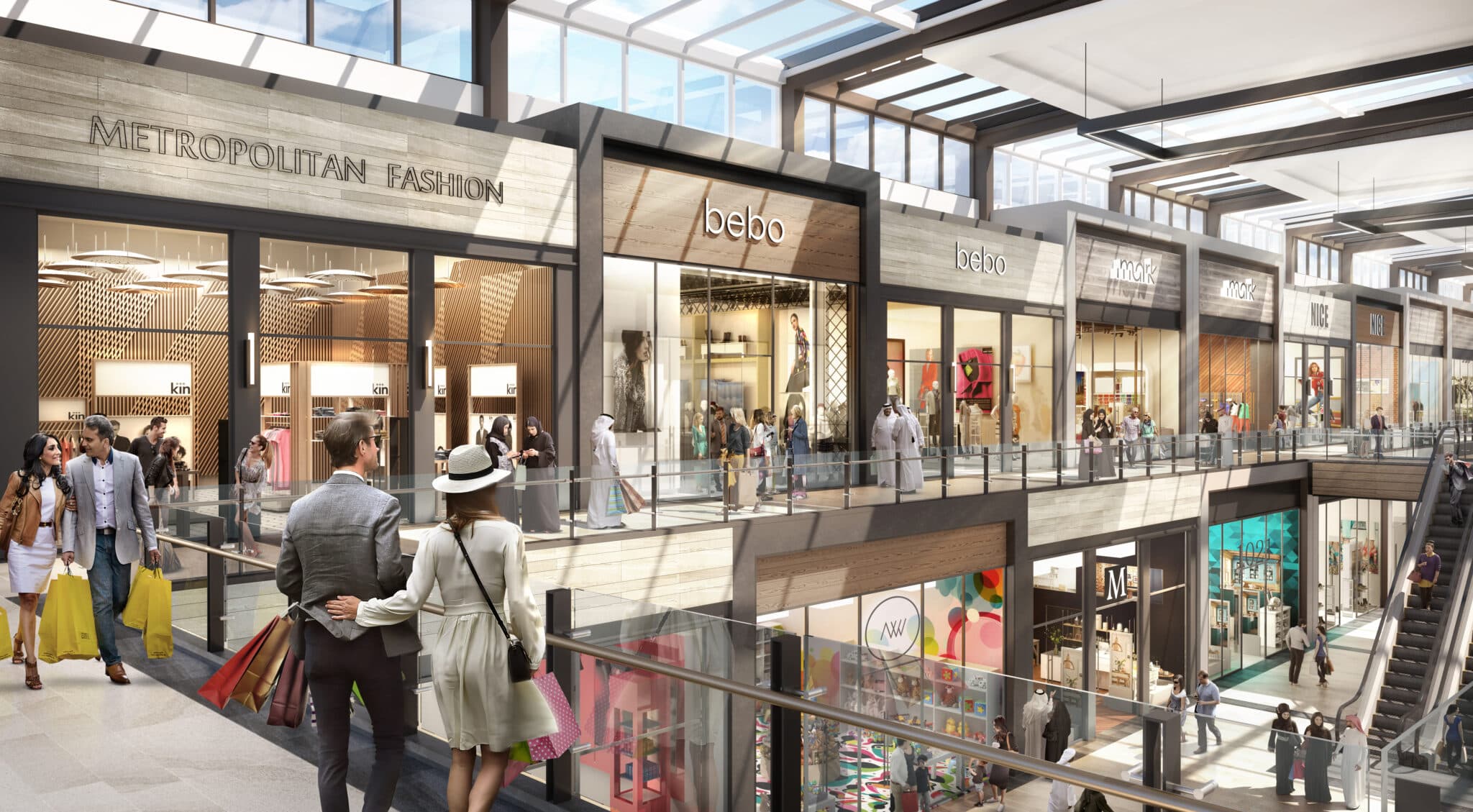 Bright multi-level shopping mall with fashion store fronts and shoppers under a skylit atrium