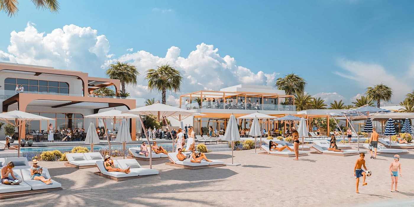 Modern beach resort with pool, lounge chairs, umbrellas, and people relaxing under palm trees