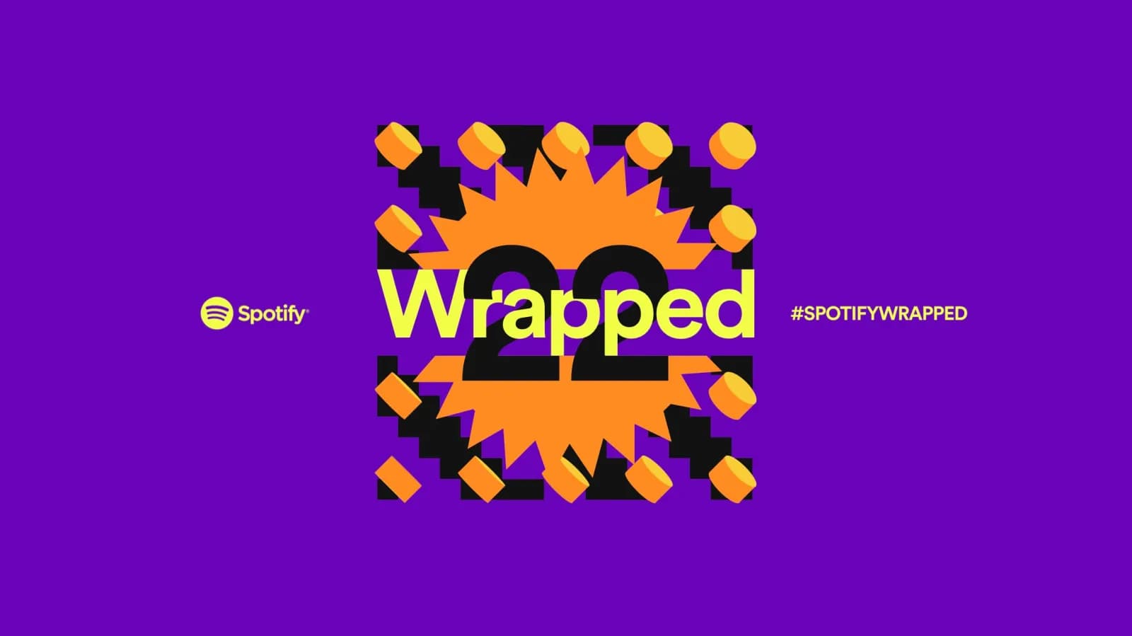A promotional graphic for Spotify Wrapped 22 on a purple background, featuring the word 'Wrapped' over a vibrant orange and yellow design with the number '22' and yellow geometric shapes. The Spotify logo and hashtag #SPOTIFYWRAPPED are also displayed.