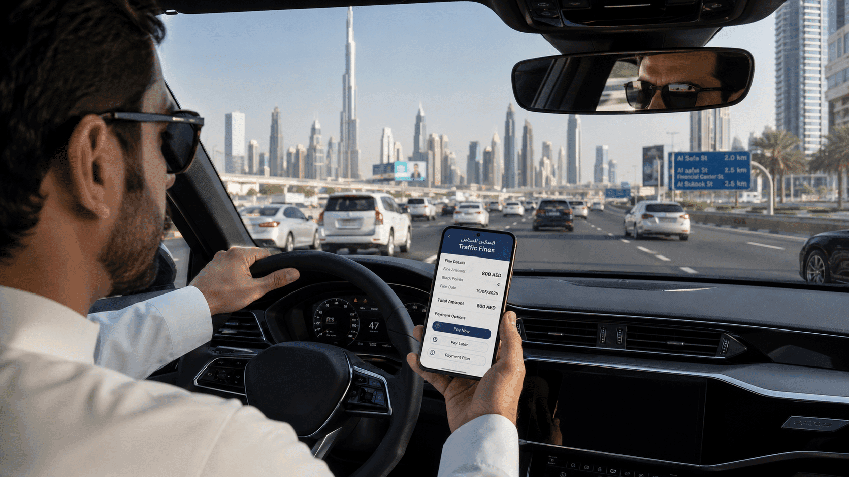 Driver in a car views a traffic fines payment screen on his phone, with Dubai skyline ahead